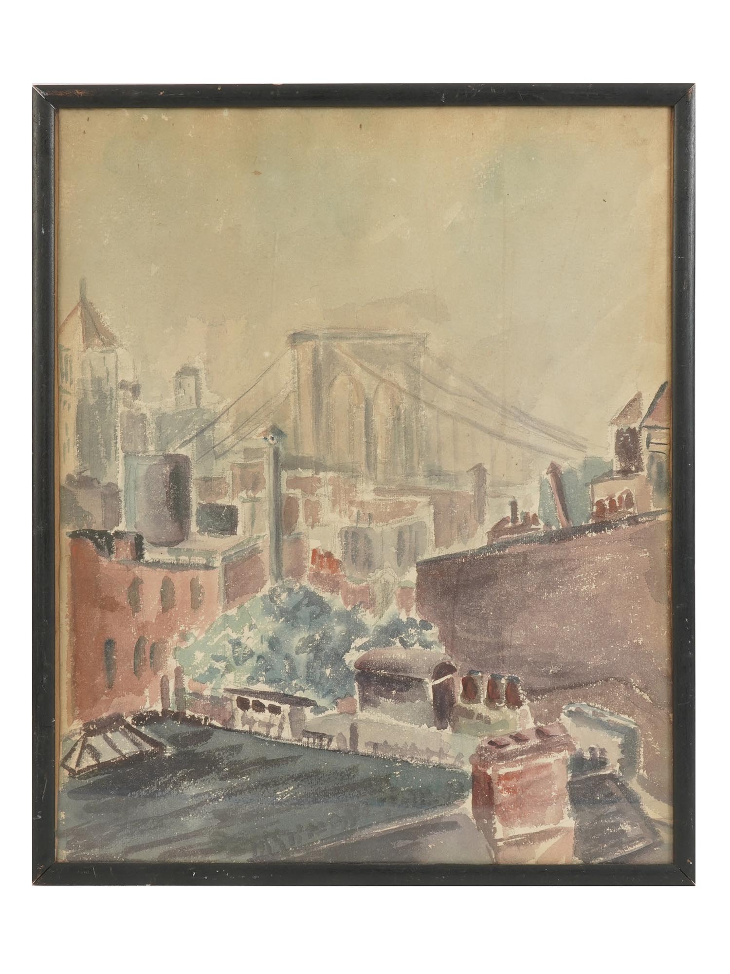 MID CENTURY AMERICAN BROOKLYN BRIDGE PAINTING PIC-0